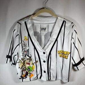 Vintage Looney Tunes White Jersey with Pin Stripes Cropped Top Women’s Size Lg